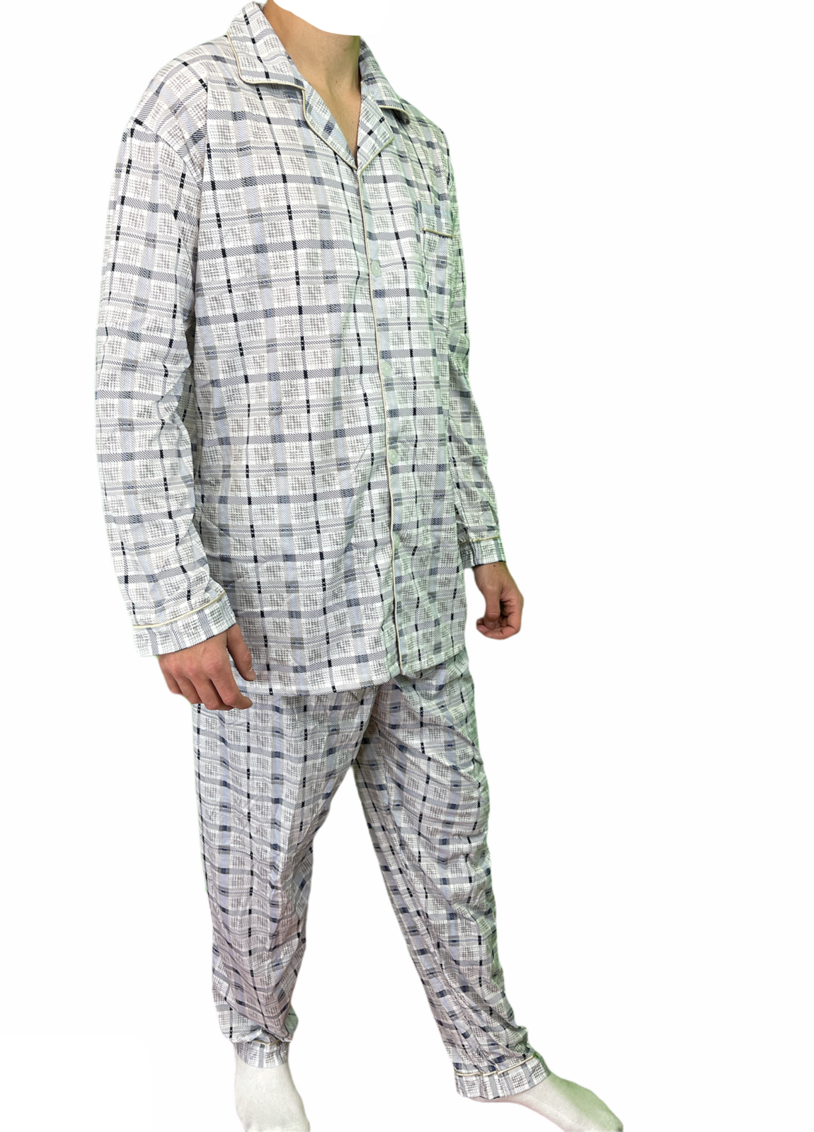 Mens 100% Cotton Pyjamas Set - White/Blue - Long Sleeve Top & Pants Sleepwear (PJs)