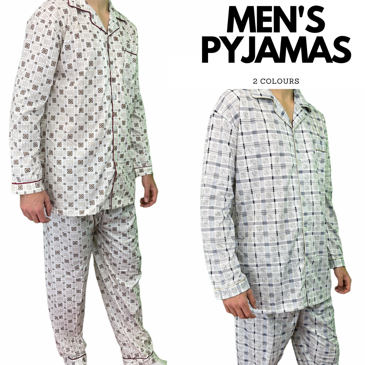 Mens Cotton Pajamas Pyjamas PJs Long Sleeve Shirt Tops + Pants Set Sleepwear - White/Brown