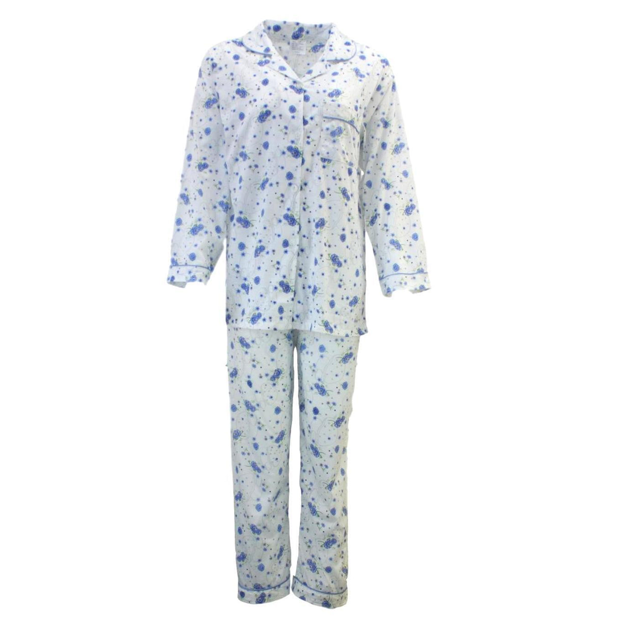 Womens 100% Cotton Pyjamas Set - Blue Floral - Long Sleeve Top & Pants Sleepwear (PJs)