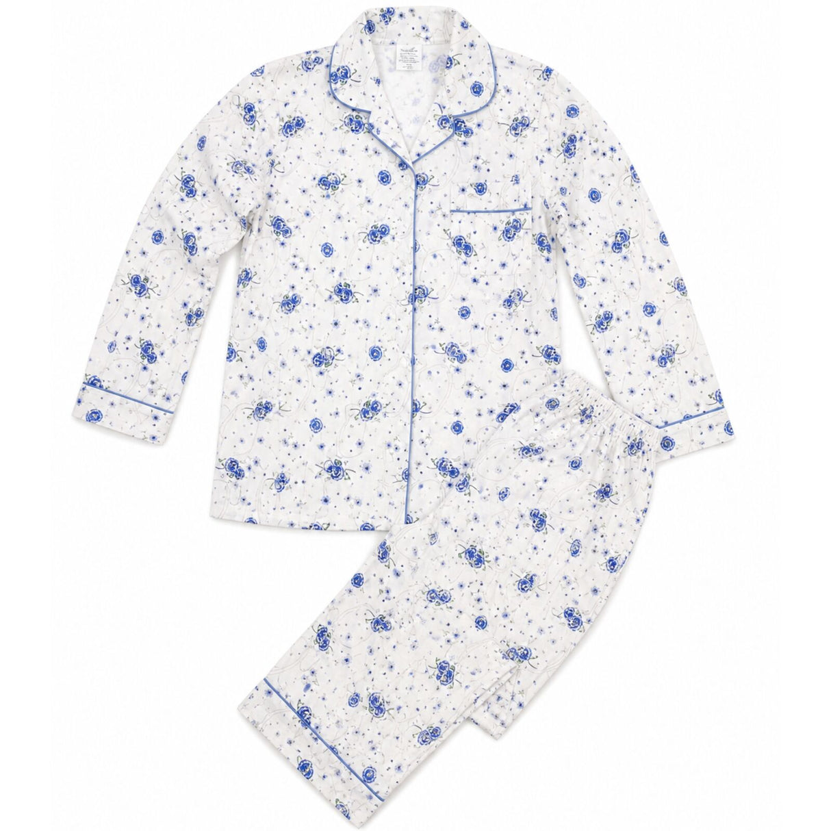 Womens 100% Cotton Pyjamas Set - Blue Floral - Long Sleeve Top & Pants Sleepwear (PJs)