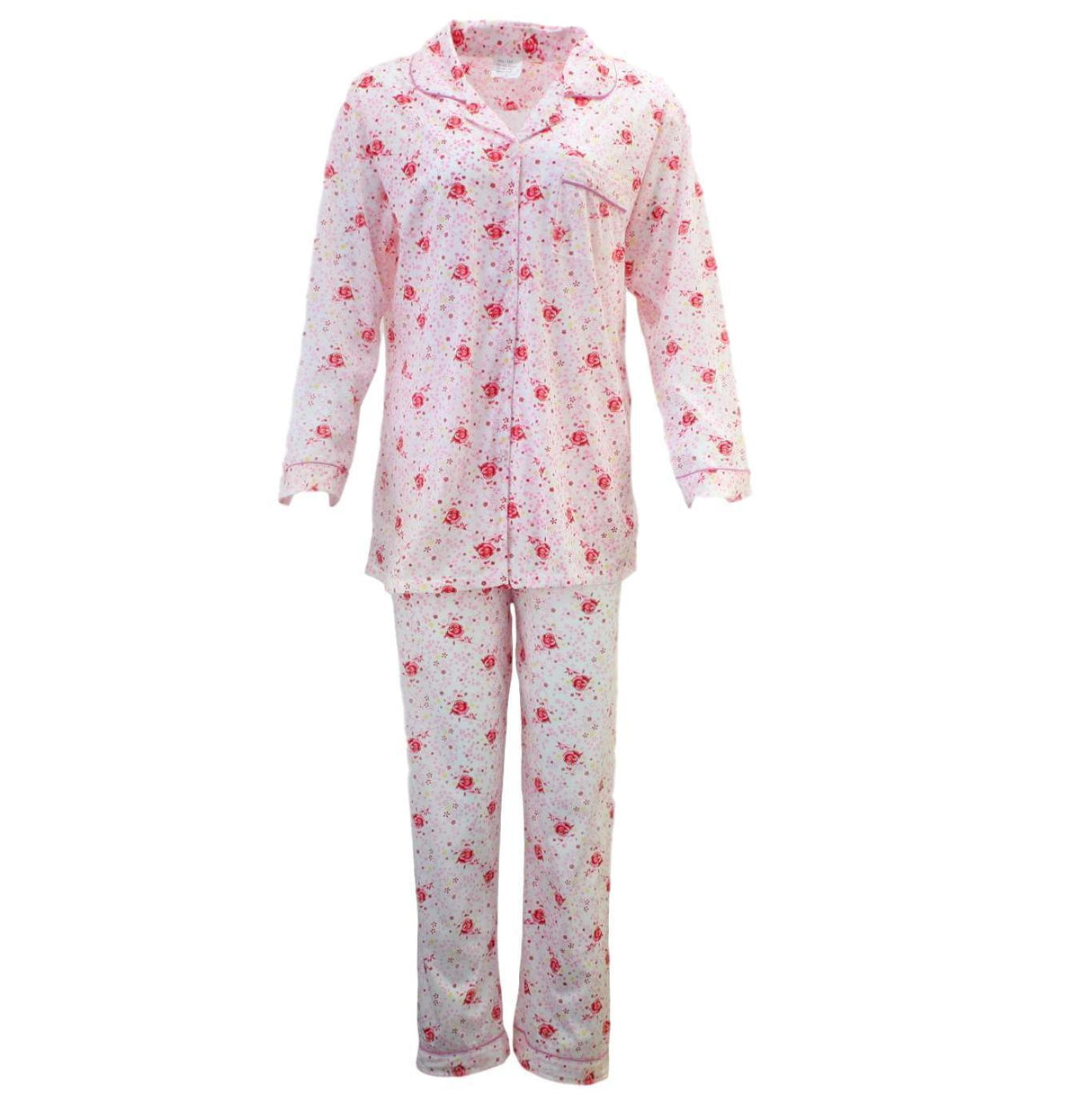 Womens 100% Cotton Pyjamas Set - Pink Floral - Long Sleeve Top & Pants Sleepwear (PJs)