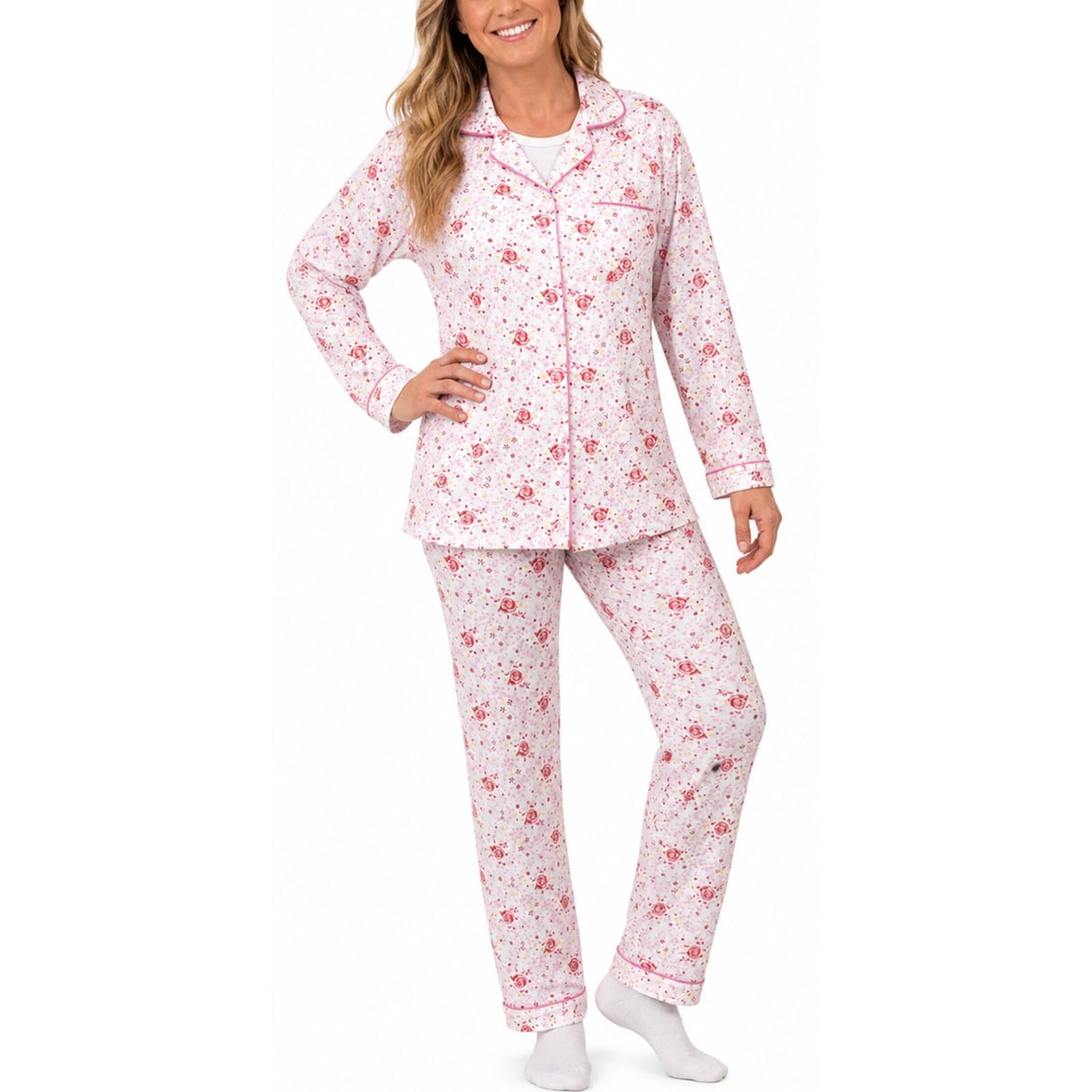 Womens 100% Cotton Pyjamas Set - Pink Floral - Long Sleeve Top & Pants Sleepwear (PJs)