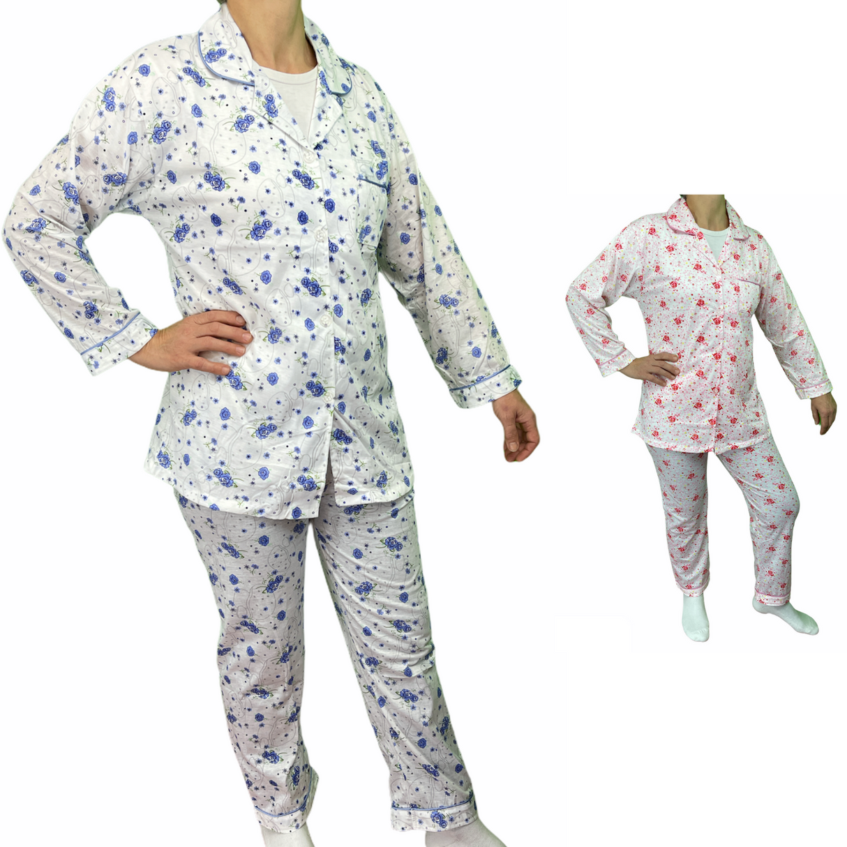 Womens PYJAMAS PJs Set Pajamas Ladies Cotton PJ Womens Long Sleeve Sleepwear - Blue