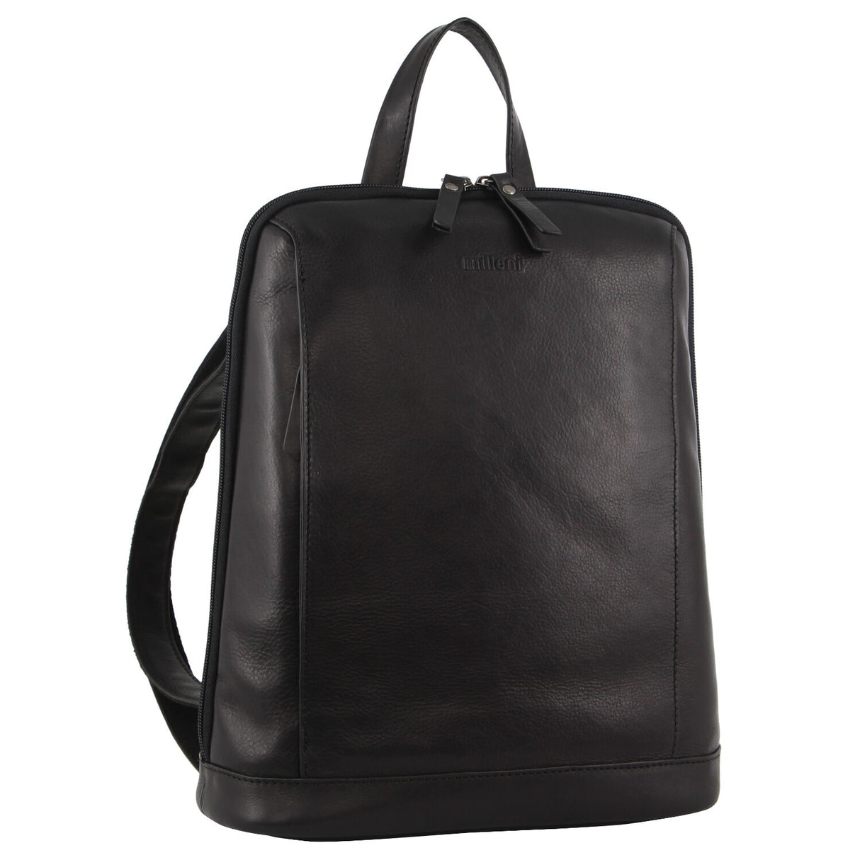 Milleni Ladies Nappa Leather Twin Zip Backpack - Black (Bag w/ Zipped Pocket)