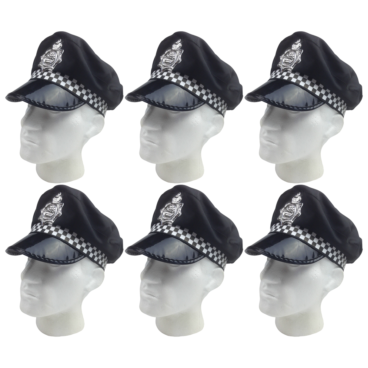 6x Black Police Officer Captain Hat Bulk Pack - Cop Costume Cap (Halloween & Fancy Dress)