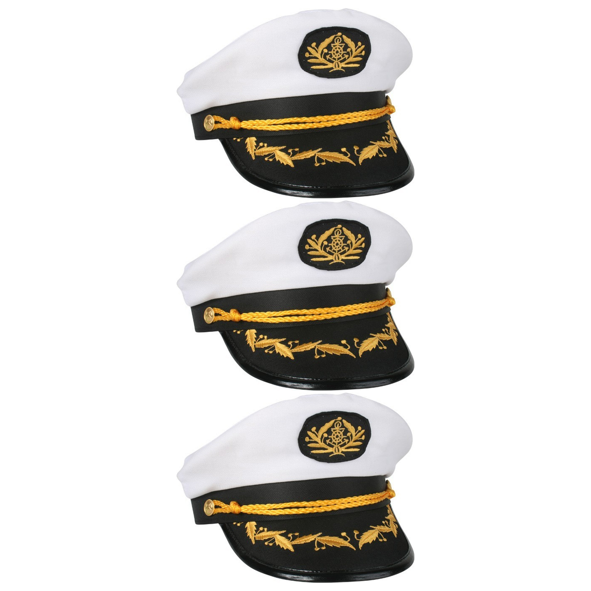 3x White/Black Captain/Skipper Sailor Hat Pack - Adult (Party Costume)