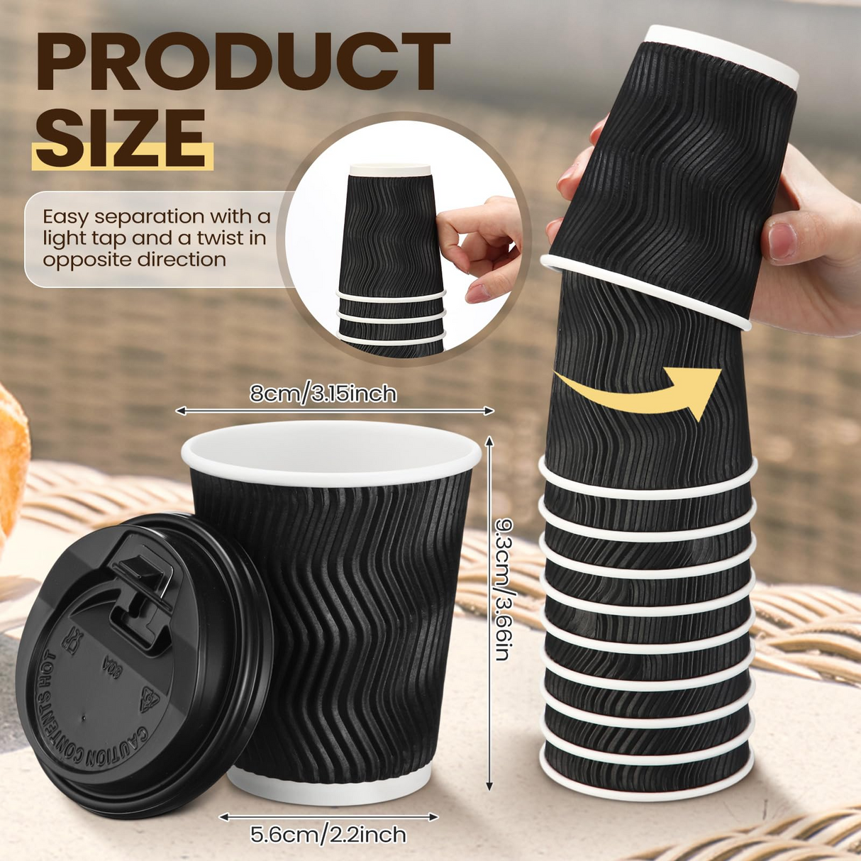 360x 8oz Triple Wall Paper Disposable Coffee Cups w/Lids for Takeaway (Bulk)