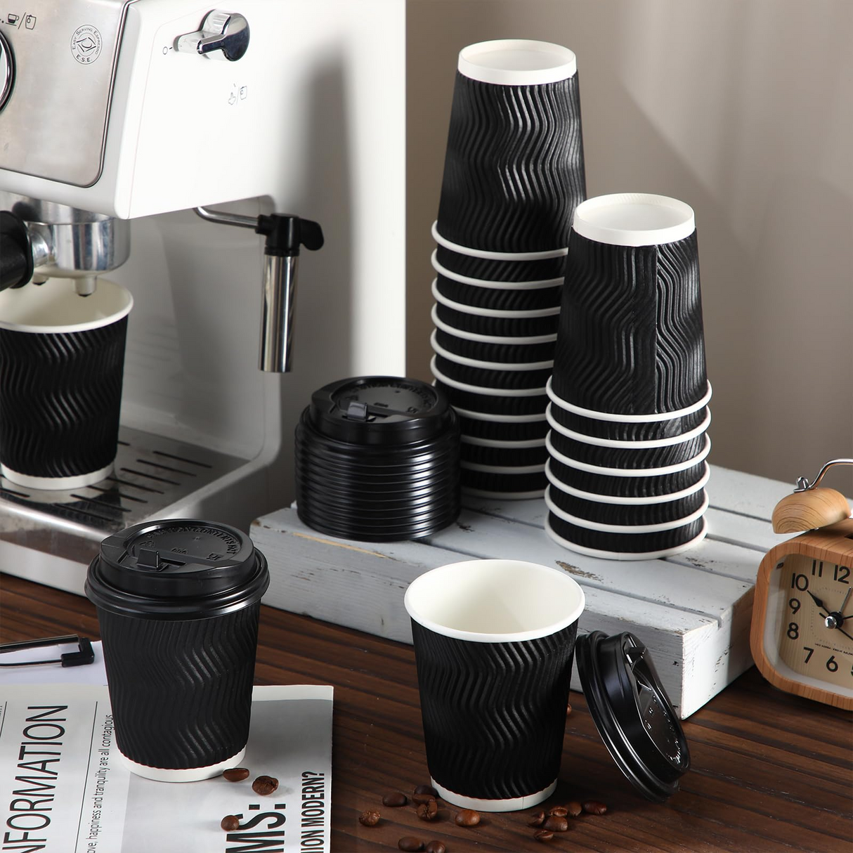 360x 8oz Triple Wall Paper Disposable Coffee Cups w/Lids for Takeaway (Bulk)