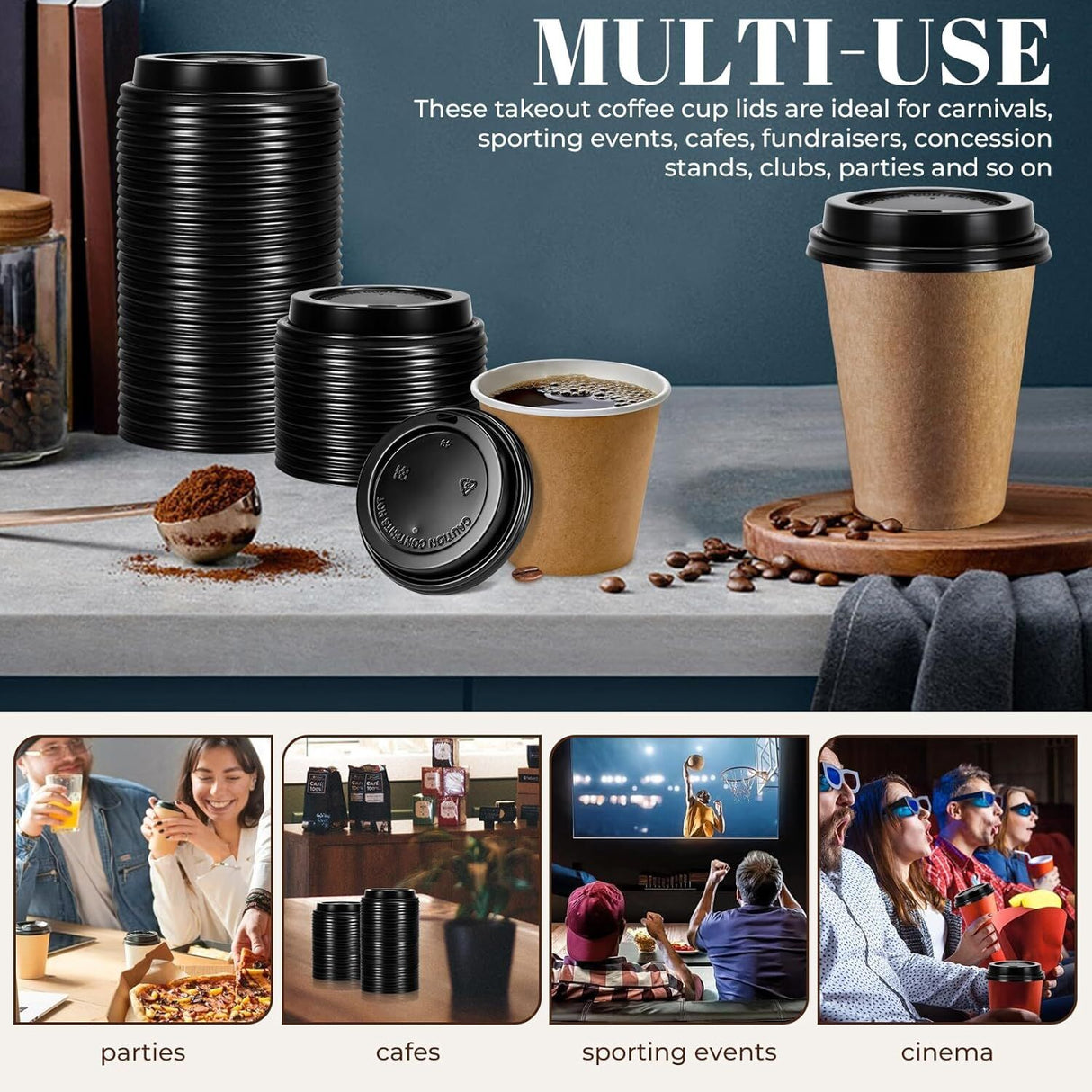 1000x 90mm Plastic Coffee Cup Lids for 12oz/16oz Cups - Black (Bulk)