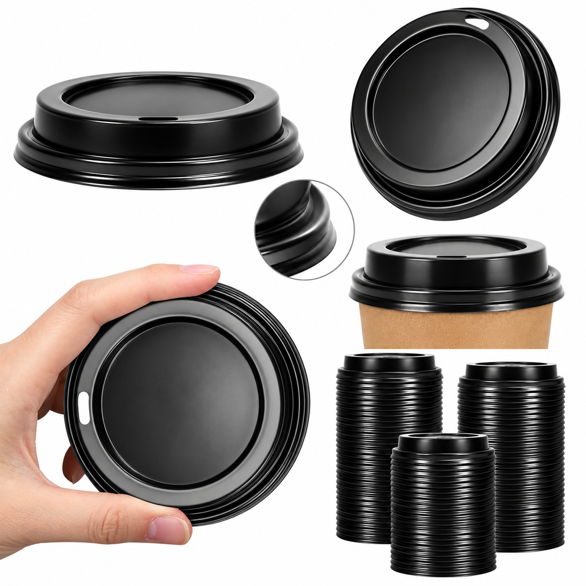 1000x 90mm Plastic Disposable 12oz/16oz Coffee Cup Lids - Black (Bulk Pack)