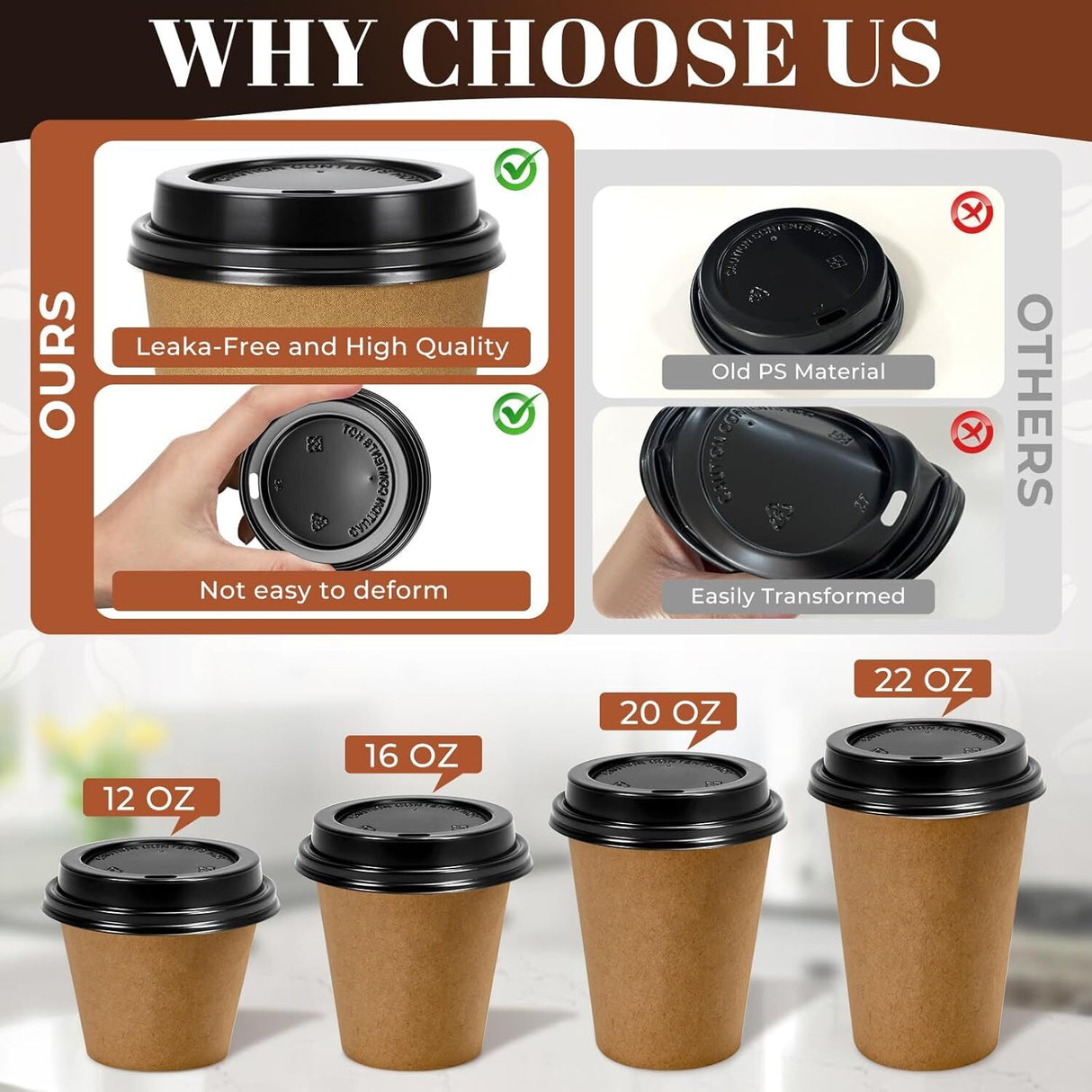 1000x 90mm Plastic Coffee Cup Lids for 12oz/16oz Cups - Black (Bulk)