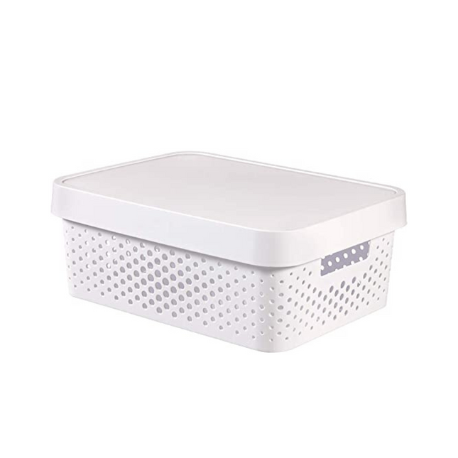 16x 11L Premium Plastic Storage Basket Container Box w/ Lid Dot Pattern (36*27*14cm) - Bulk