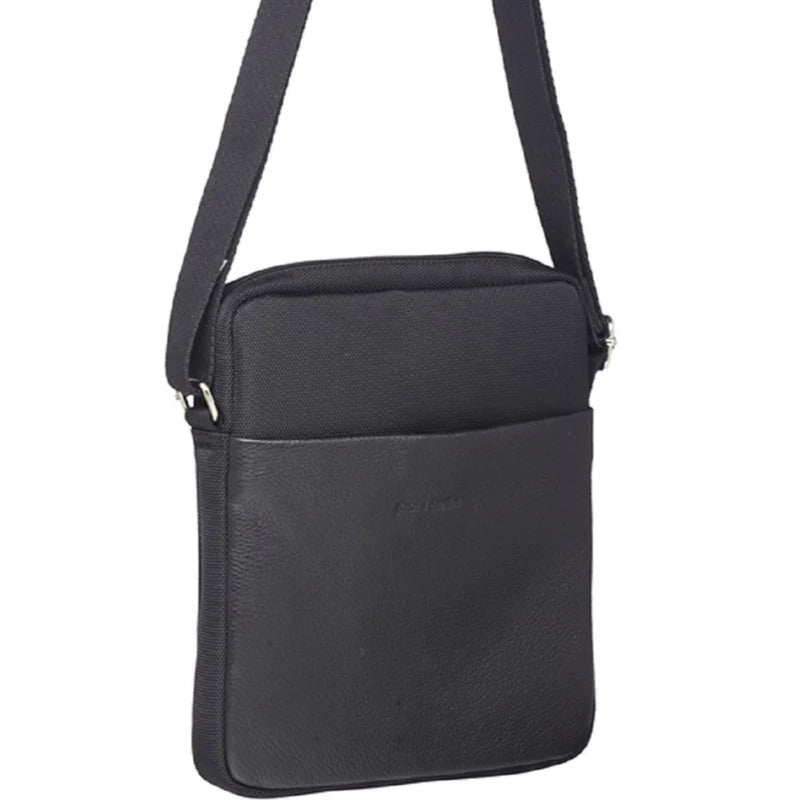 Pierre Cardin Mens Italian Leather iPad Crossbody Bag - Black (with Nylon Trim)