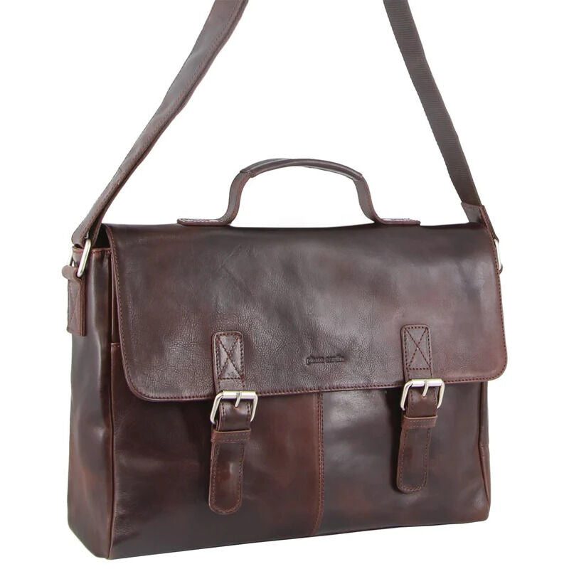 Pierre Cardin Mens Rustic Leather Flap Over 15" Laptop Computer Bag - Dark Chocolate