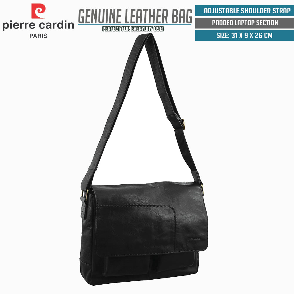 Pierre Cardin Genuine Leather 13" Laptop Computer Messenger Sling Bag Travel Business - Black