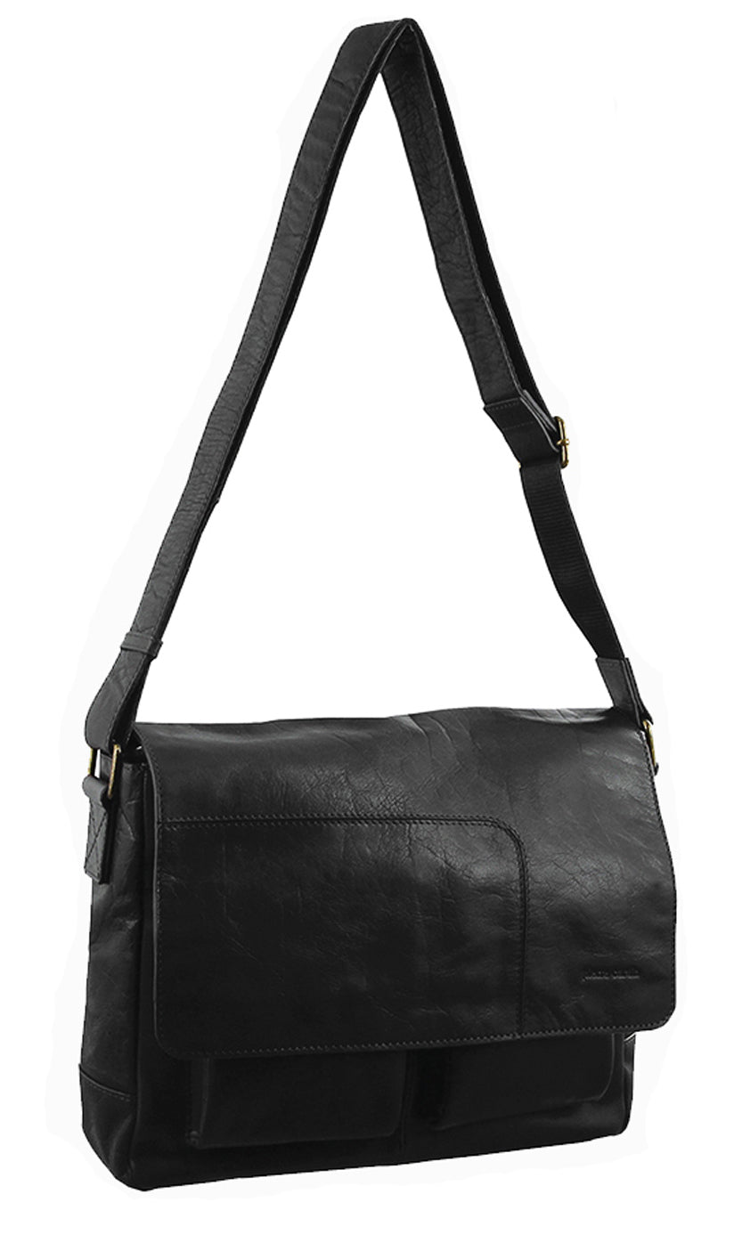 Pierre Cardin Genuine Leather 13" Laptop Computer Messenger Sling Bag Travel Business - Black