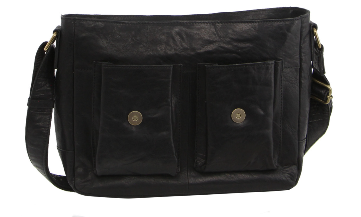Pierre Cardin Genuine Leather 13" Laptop Computer Messenger Sling Bag Travel Business - Black