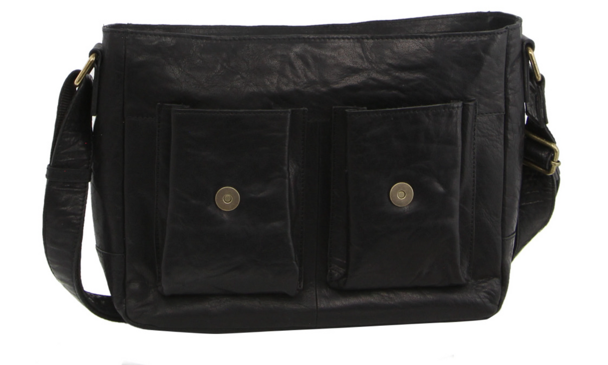 Pierre Cardin Genuine Leather 13" Laptop Computer Messenger Sling Bag Travel Business - Black