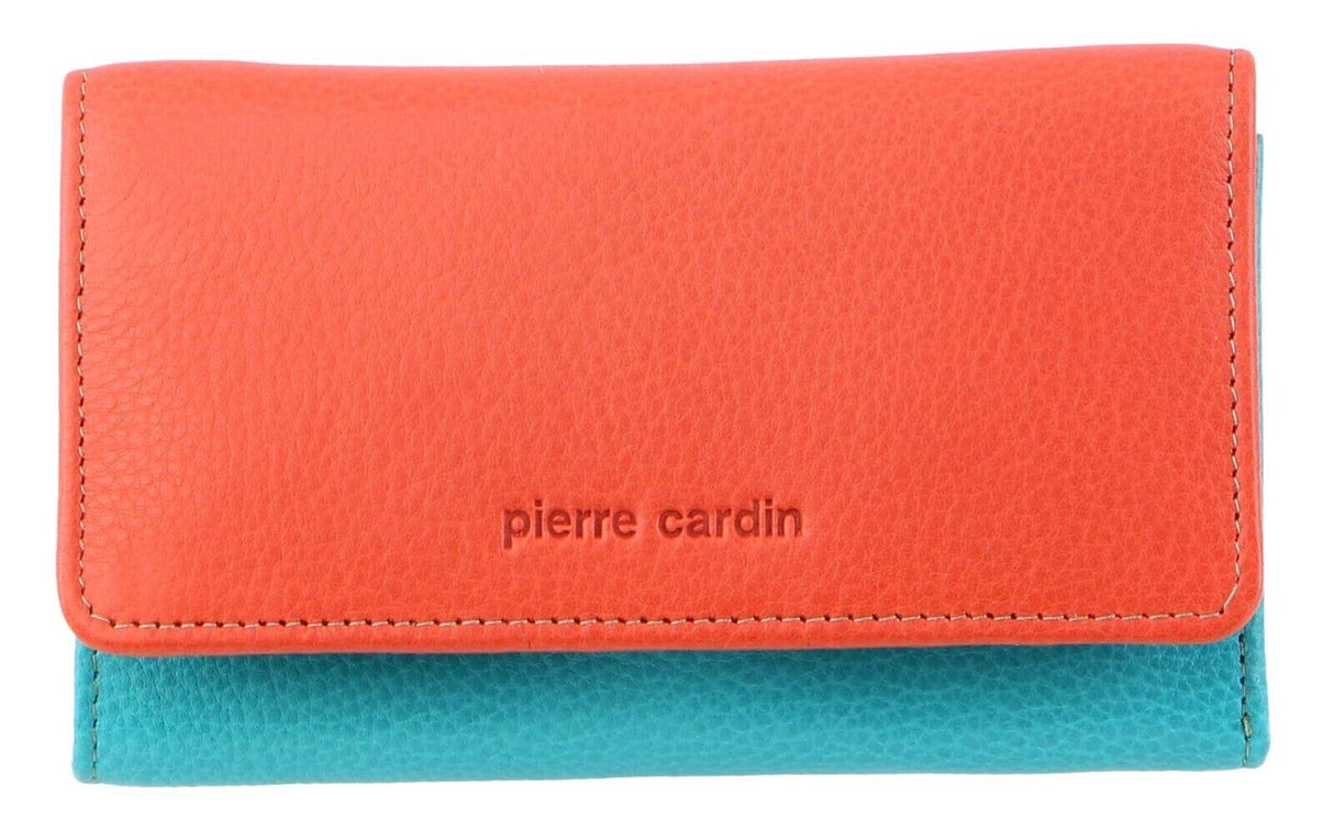 Pierre Cardin Italian Genuine Leather Ladies Trifold Wallet- Orange/Turquoise