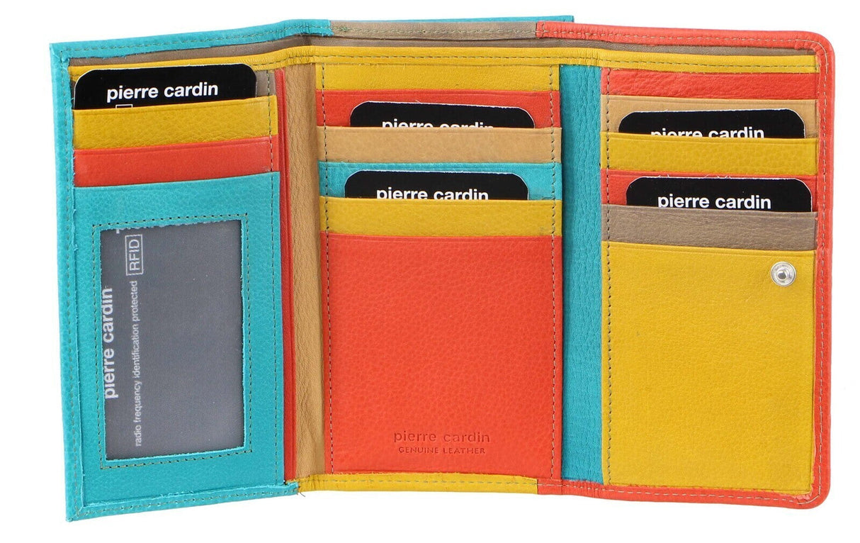 Pierre Cardin Italian Genuine Leather Ladies Trifold Wallet- Orange/Turquoise