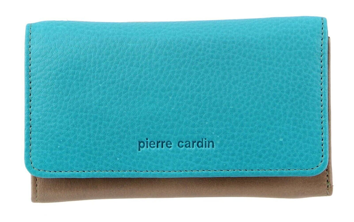 Pierre Cardin Italian Genuine Leather Ladies Summer Trifold Wallet- Turquoise/Taupe