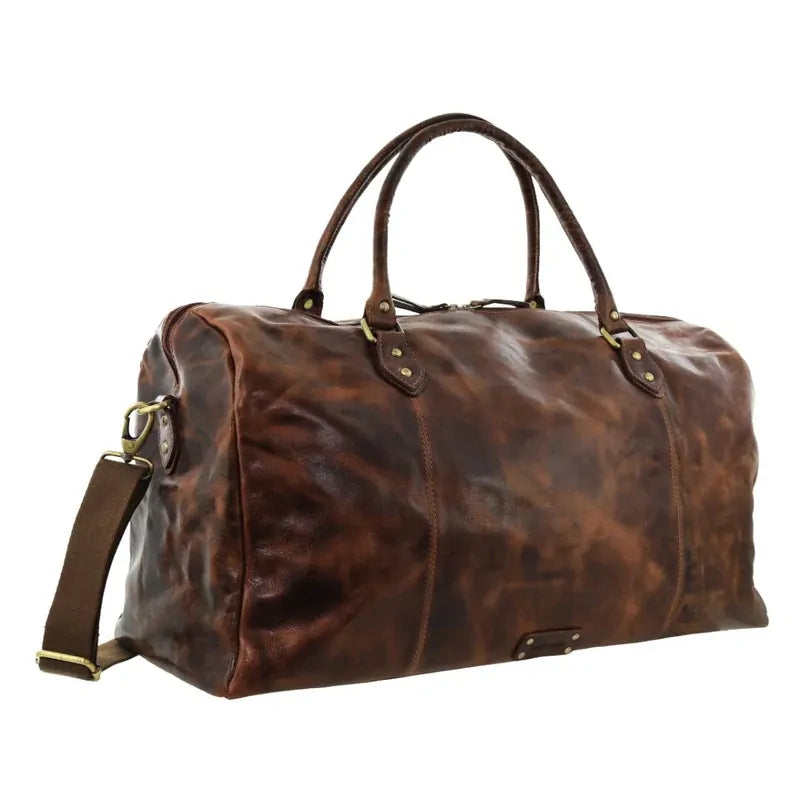 Pierre Cardin Smooth Leather Overnight Bag Luggage Weekend Duffle - Dark Cognac