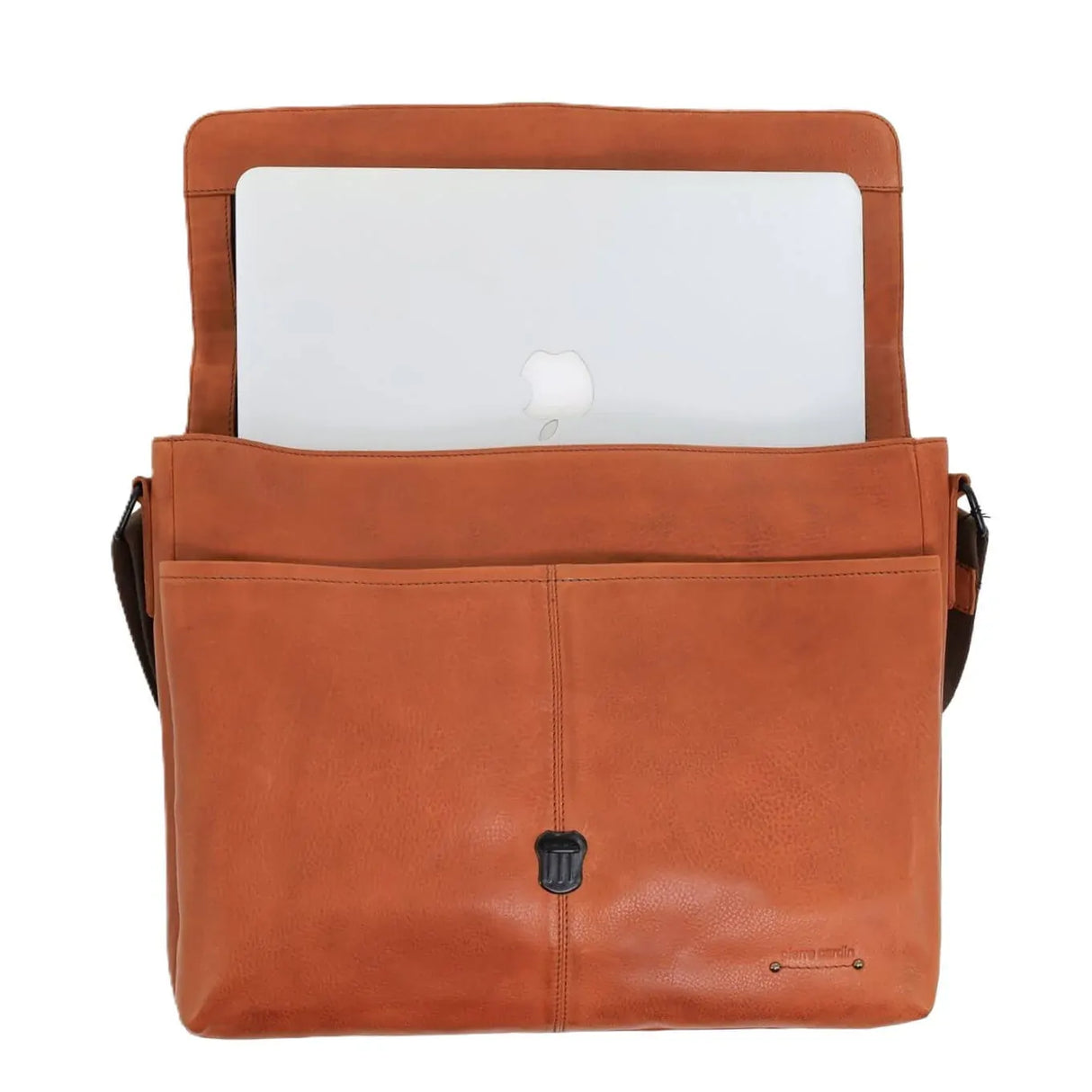 Pierre Cardin Italian Leather Flap-Over Laptop Computer Bag in Cognac