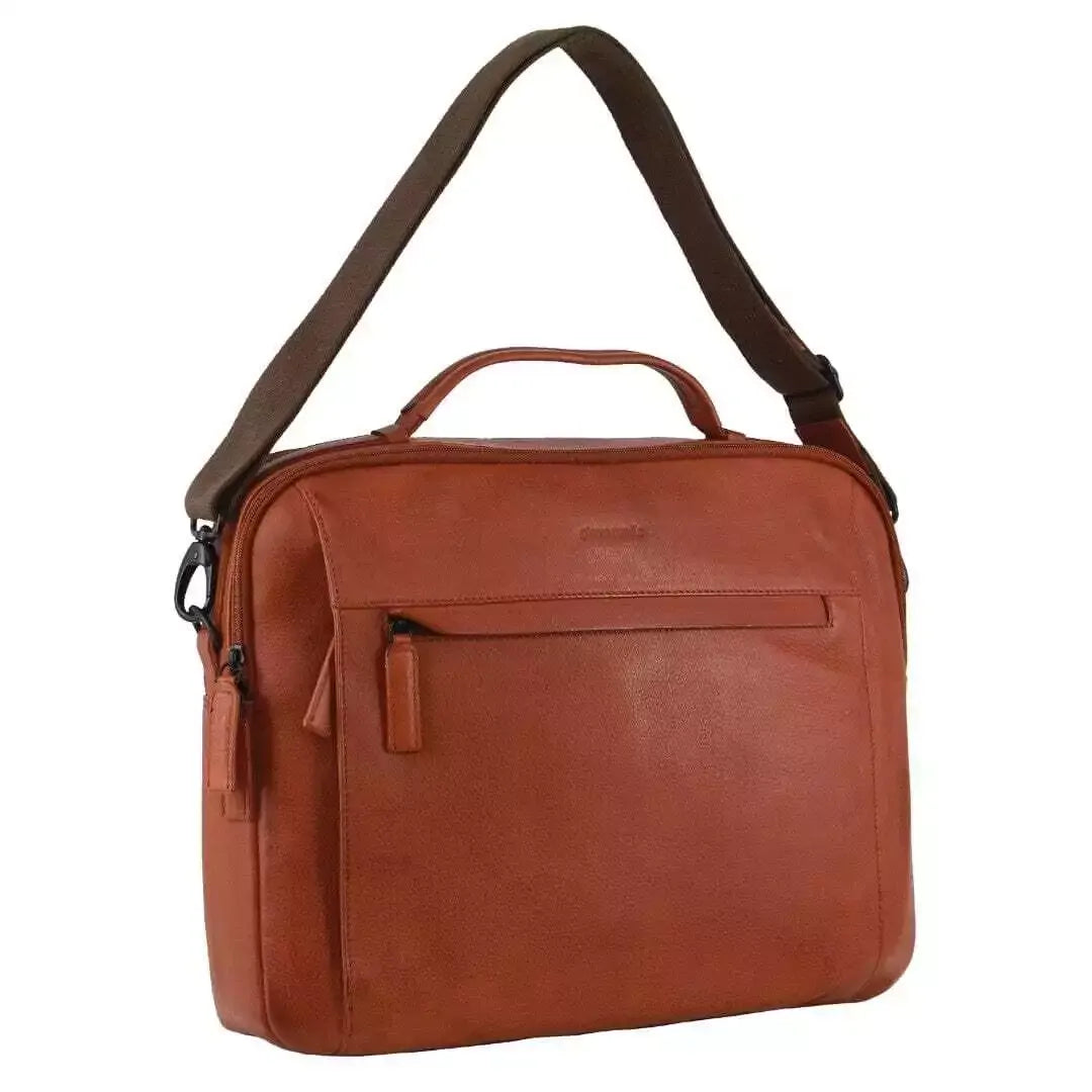 Pierre Cardin Mens Italian Leather Computer Laptop Bag in Cognac