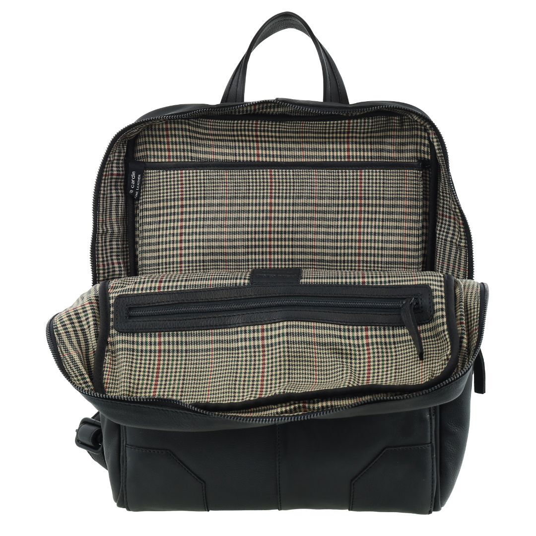 Pierre Cardin Mens Leather Sleek Backpack Bag - Black (w/ Laptop Compartment)