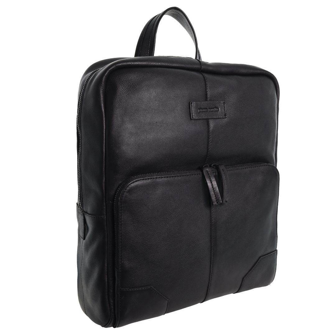 Pierre Cardin Mens Leather Sleek Backpack Bag - Black (w/ Laptop Compartment)