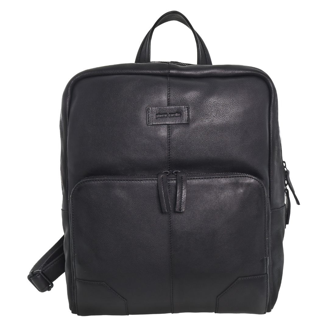 Pierre Cardin Mens Leather Sleek Backpack Bag - Black (w/ Laptop Compartment)