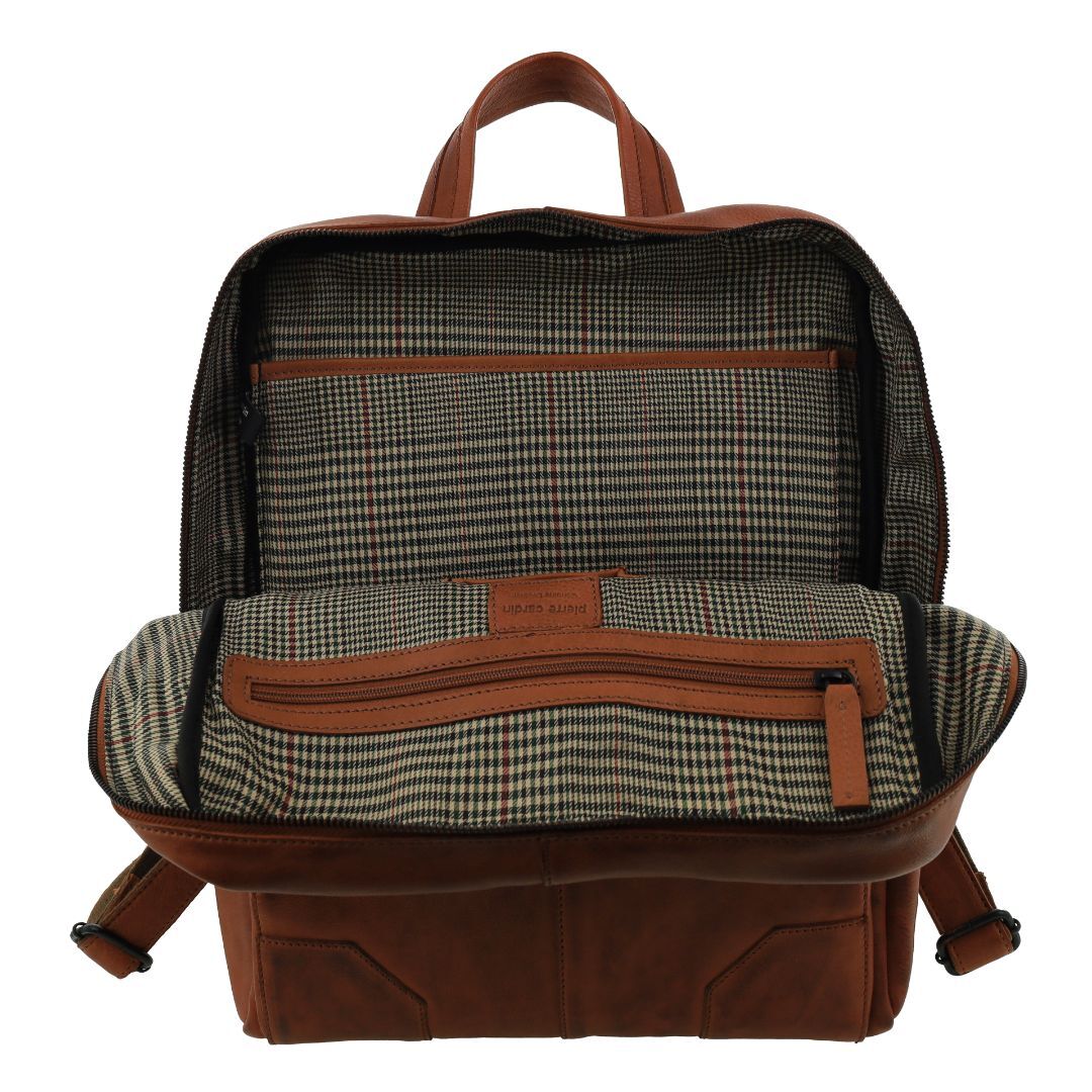 Pierre Cardin Mens Leather Sleek Backpack Bag - Cognac (w/ Laptop Compartment)