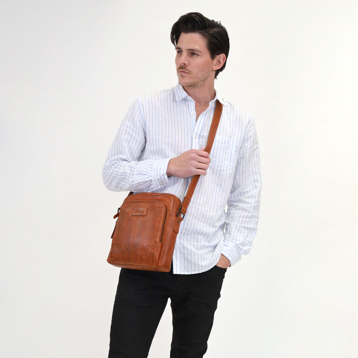 Pierre Cardin Mens Large Leather Crossbody Bag - Cognac (Front & Back Zipped Pocket)