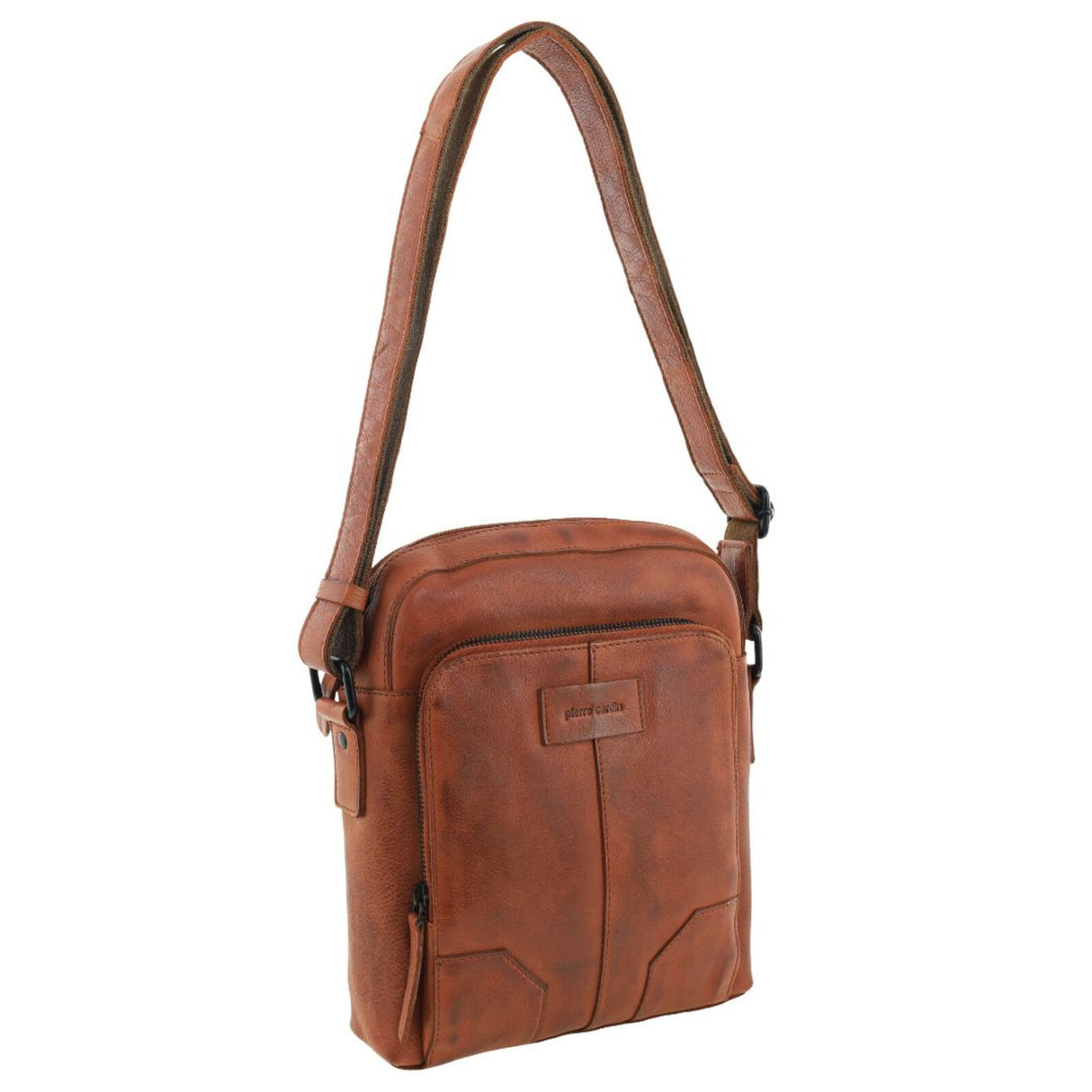 Pierre Cardin Mens Large Leather Crossbody Bag - Cognac (Front & Back Zipped Pocket)