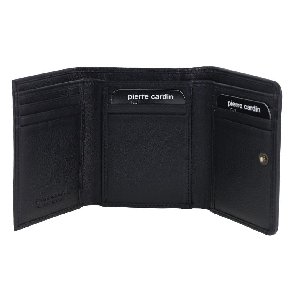 Pierre Cardin Ladies Leather Snap Button Tri-Fold Wallet - Black