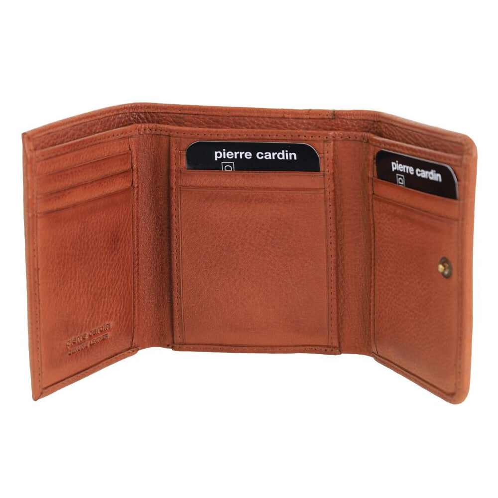Pierre Cardin Ladies Leather Snap Button Tri-Fold Wallet - Cognac
