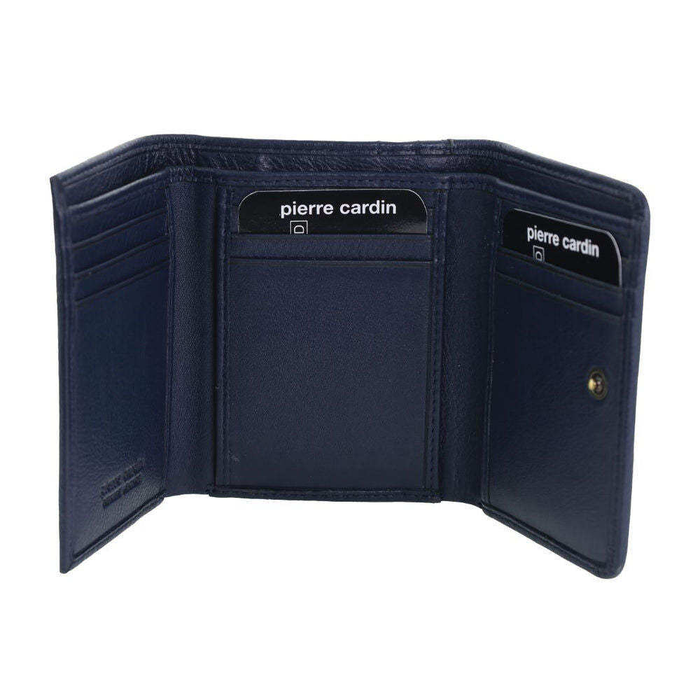 Pierre Cardin Ladies Leather Snap Button Tri-Fold Wallet - Navy