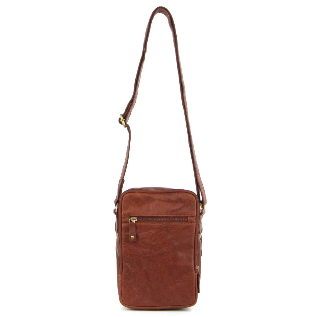 Pierre Cardin Mens Rustic Leather Cross Body Bag Messenger - Chestnut