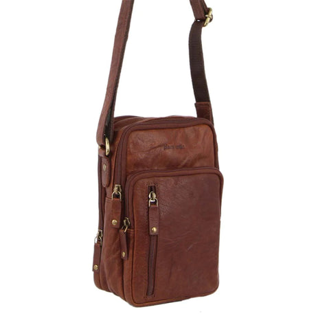 Pierre Cardin Mens Rustic Leather Cross Body Bag Messenger - Chestnut