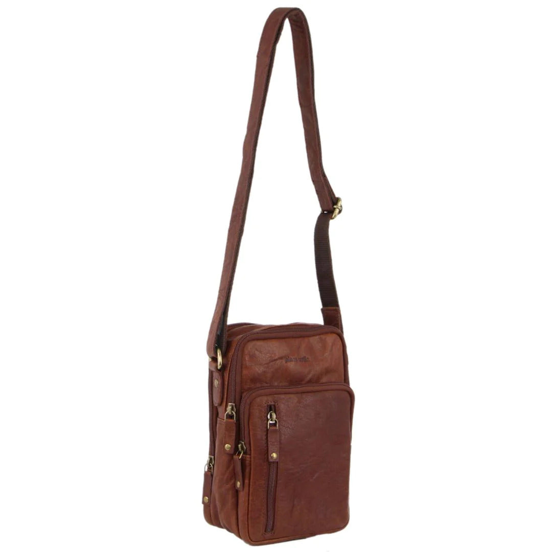 Pierre Cardin Mens Rustic Leather Cross Body Bag Messenger - Chestnut
