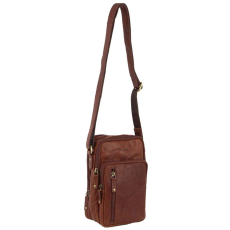 Pierre Cardin Mens Rustic Leather Cross Body Bag Messenger - Chestnut