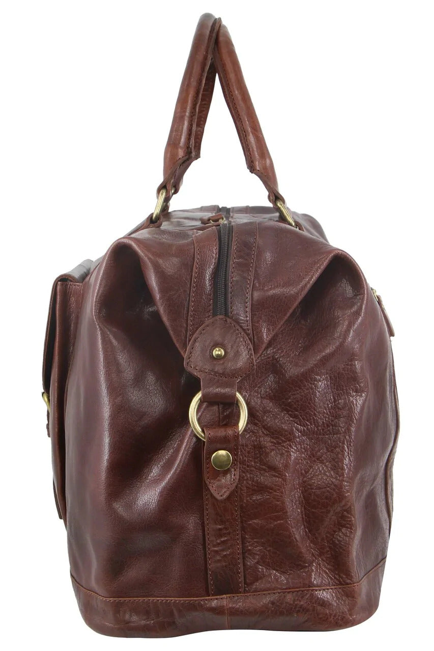 Pierre Cardin Mens Leather Business Overnight Duffle Bag - Chocolate