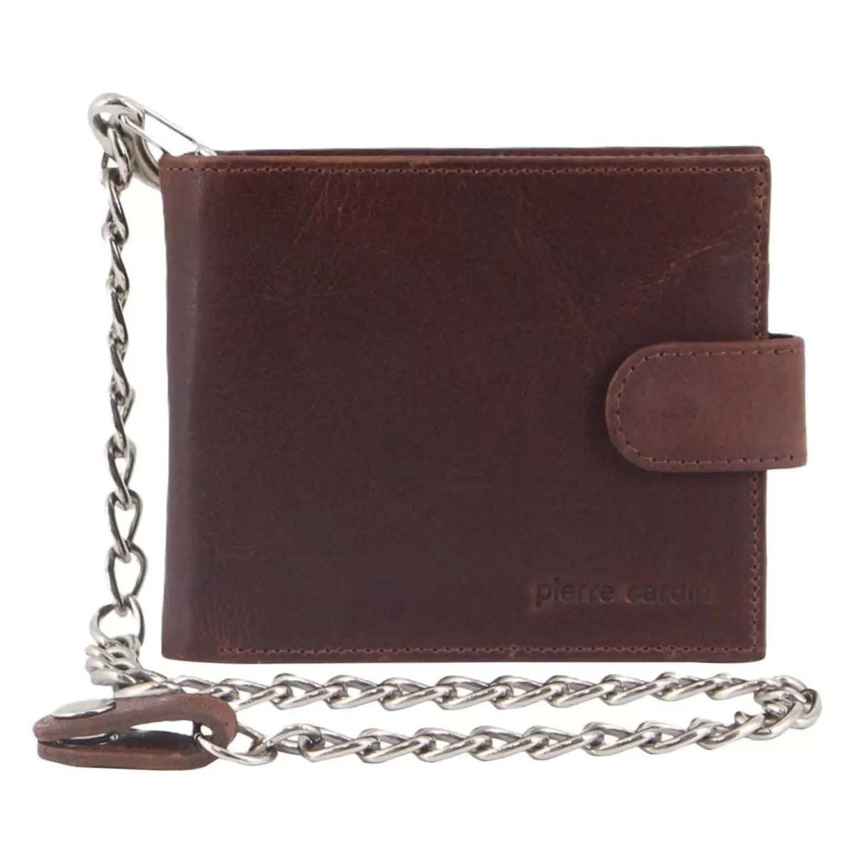 Pierre Cardin Zip Around Mens Leather Wallet with Chain in Chestnut
