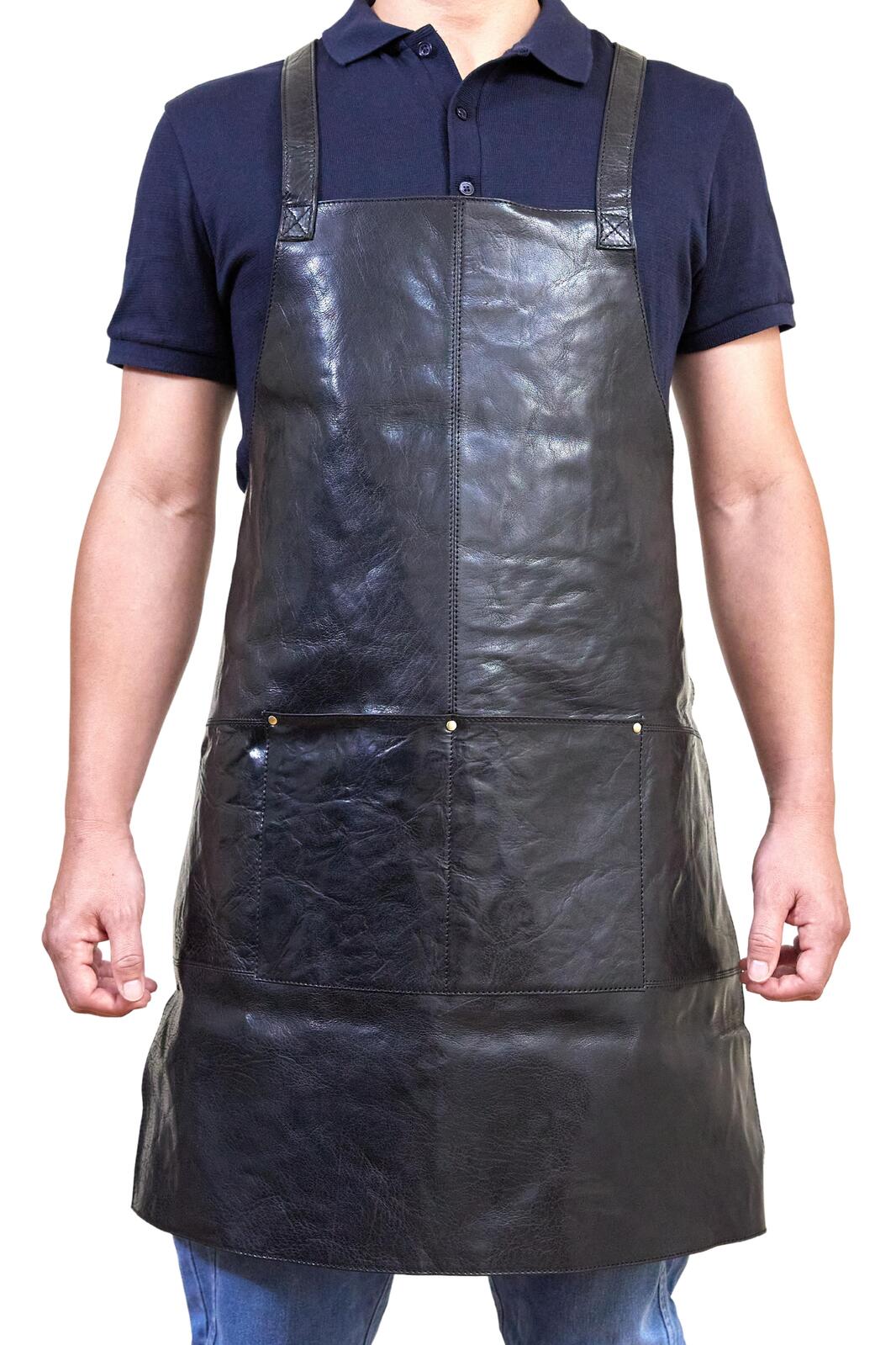 Pierre Cardin Professional Leather Apron Butcher Woodwork Hairdressing Barber Chef - Shiny Black