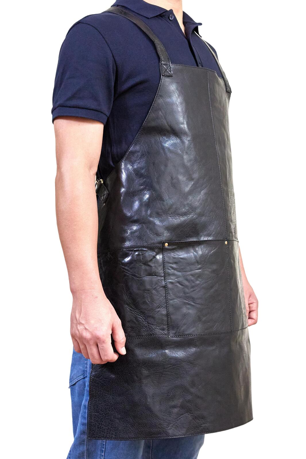 Pierre Cardin Professional Leather Apron Butcher Woodwork Hairdressing Barber Chef - Shiny Black