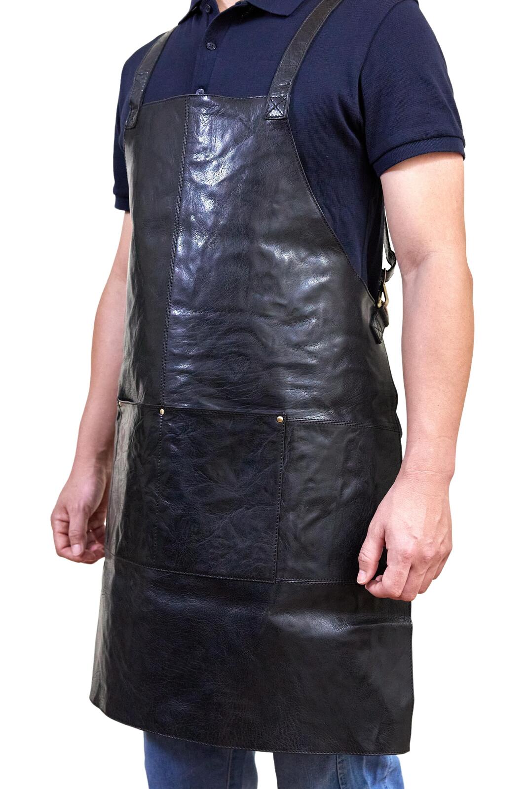 Pierre Cardin Professional Leather Apron Butcher Woodwork Hairdressing Barber Chef - Shiny Black