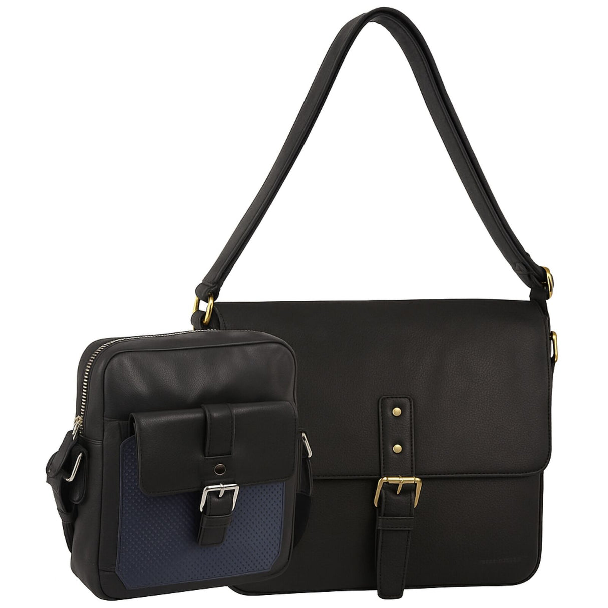 Pierre Cardin Leather Business Bag & Organizer Crossbody Bag Set - Black