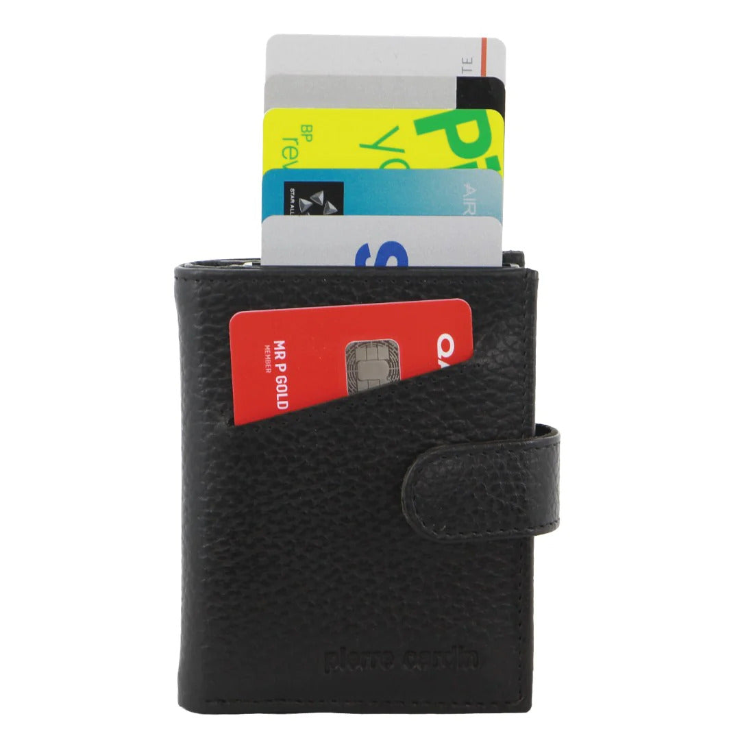 Pierre Cardin Leather Smart Slide Card Holder Tab Wallet with Buckle RFID - Black