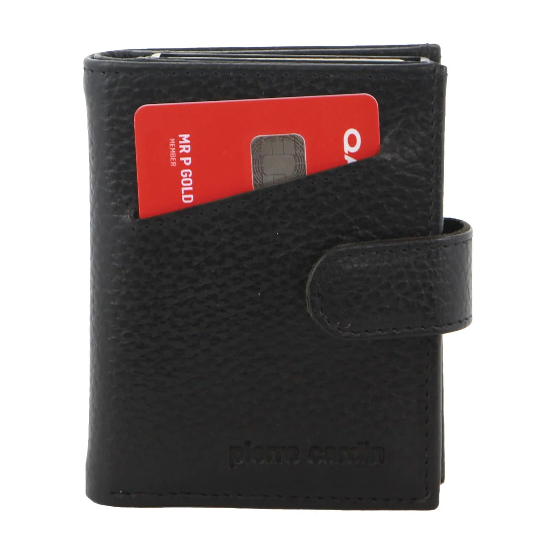 Pierre Cardin Leather Smart Slide Card Holder Tab Wallet with Buckle RFID - Black