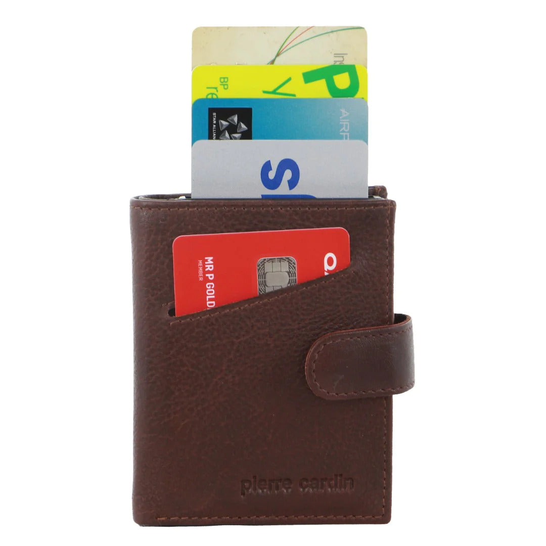 Pierre Cardin Leather Smart Slide Card Holder Tab Wallet with Buckle RFID - Brown